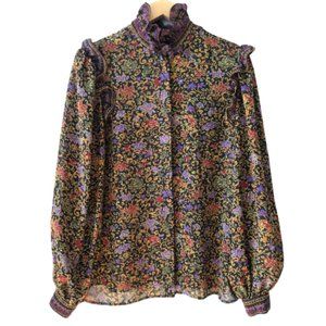 Vintage OSCAR DE LA RENTA Sheer Victorian Ruffle Floral Florentine Blouse S/M